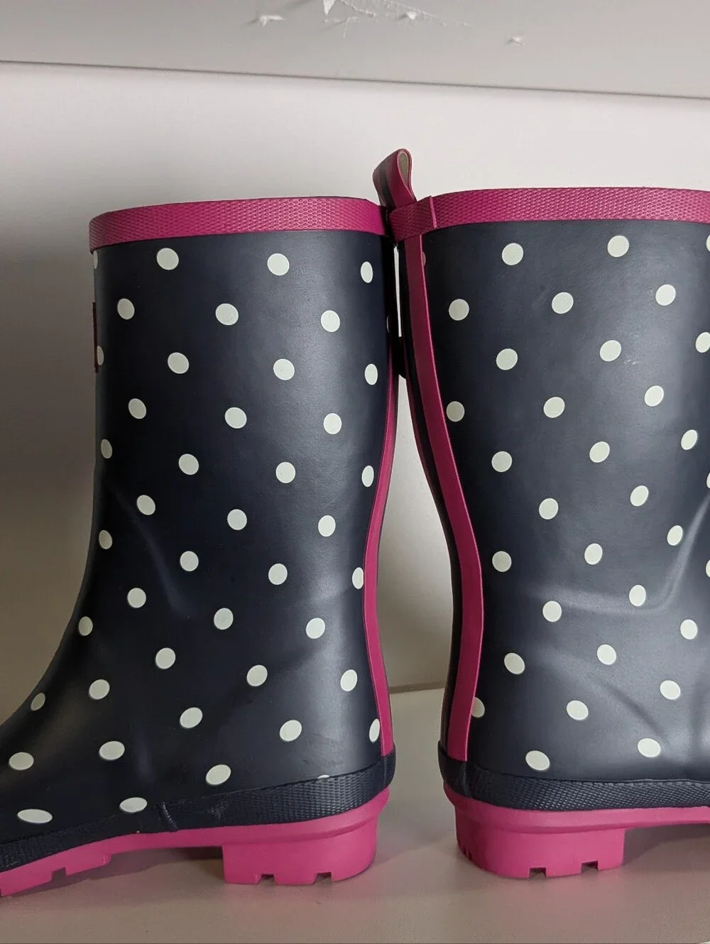 Joules Molly Welly Navy Polka Dot Pink Rain Boots Size US 8